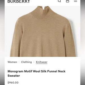Burberry Monogram Motif Wool Silk Funnel Neck Sweater New with Tags Camel XS